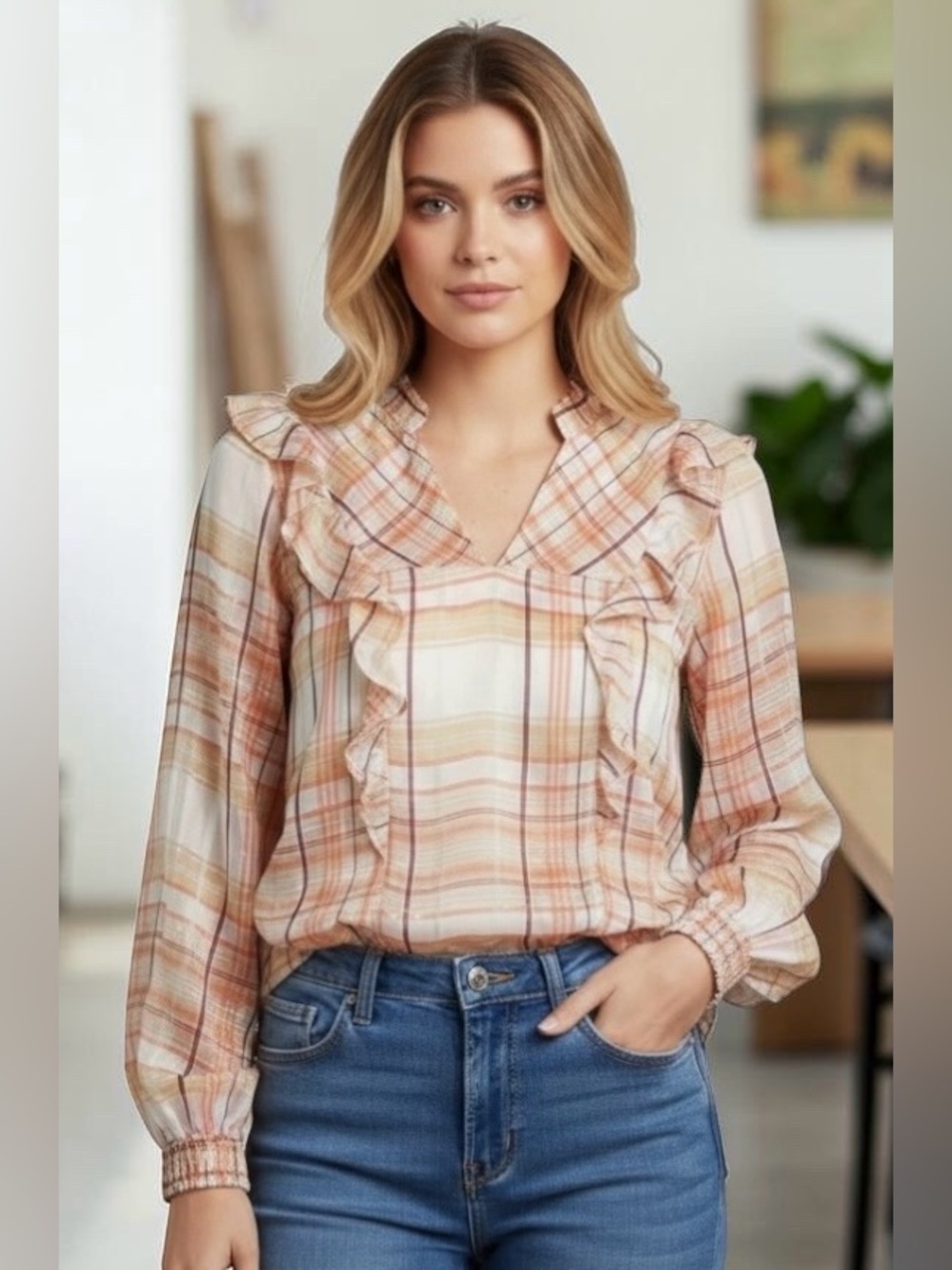 NWT Anthropologie Current Air Polly plaid silk blend ruffle blouse size: M